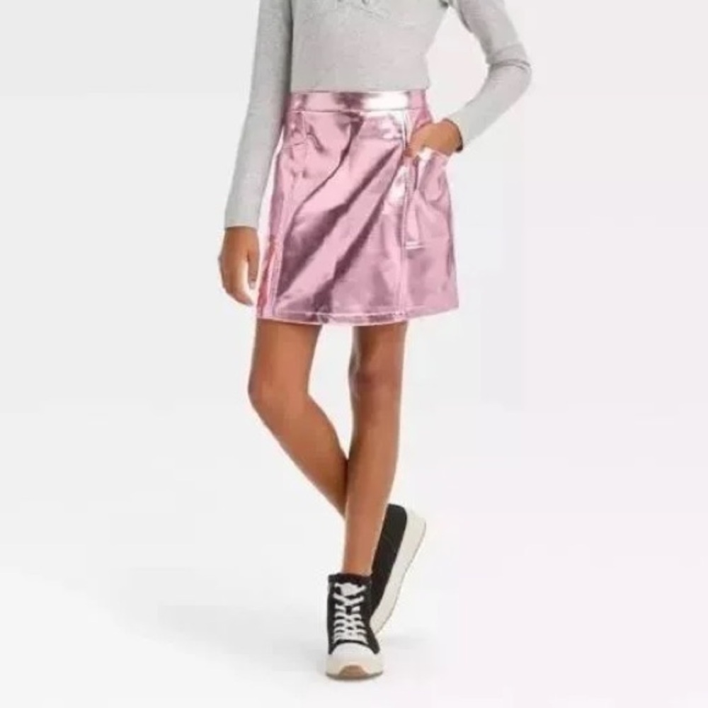 Art Class Girls 10/12 Metallic Pink Faux Leather Mini Skirt NWT
